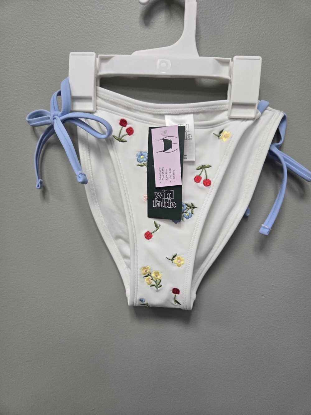 wild fable White Floral Embroidered Bikini Bottom with Blue Ties XS